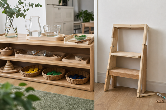 Montessori DIY at home: sensory trays and low shelves alongside an abandoned IKEA step-stool hack