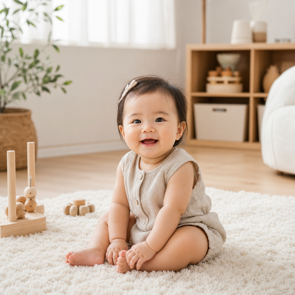 Baby in a bright Scandinavian nursery — shop 0–12 months