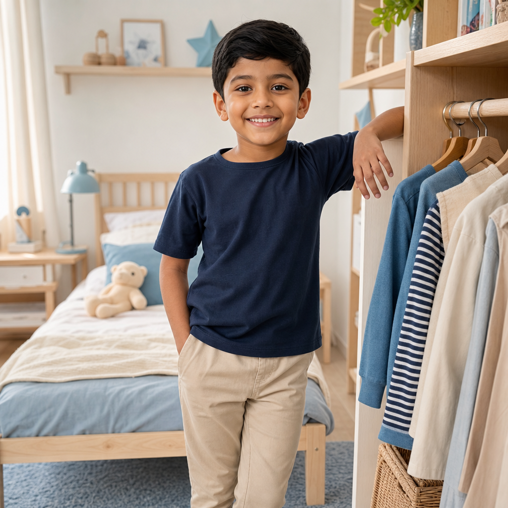 School-age child in a Scandinavian kids room — shop ages 5–7