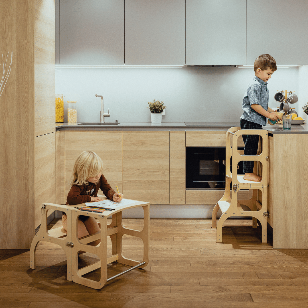 STEP'n'SIT® Convertible 2-in-1 Helper Tower/Table With Support Legs - Natural wood