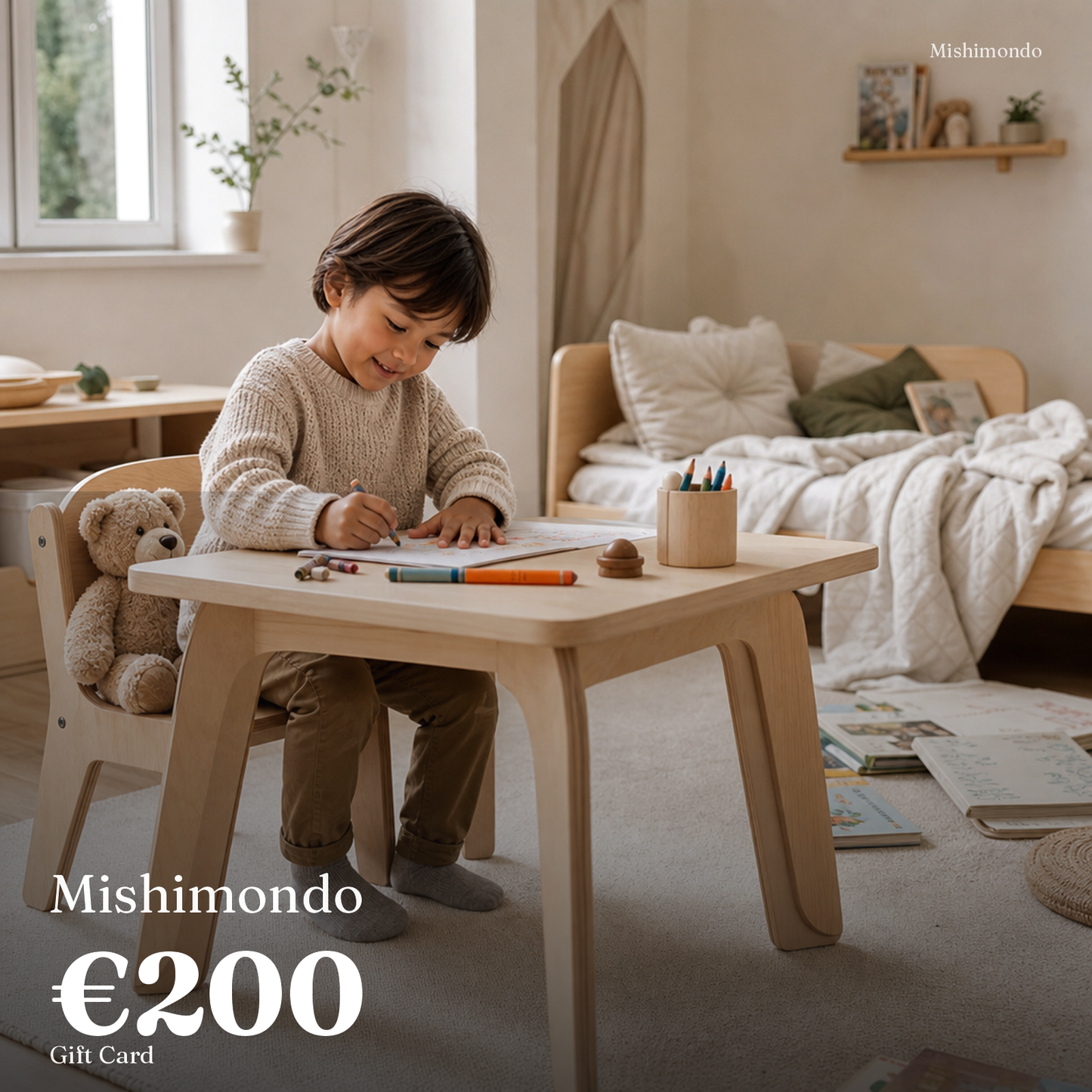 Mishimondo €200 gift card — child at a wooden kids table in a play corner