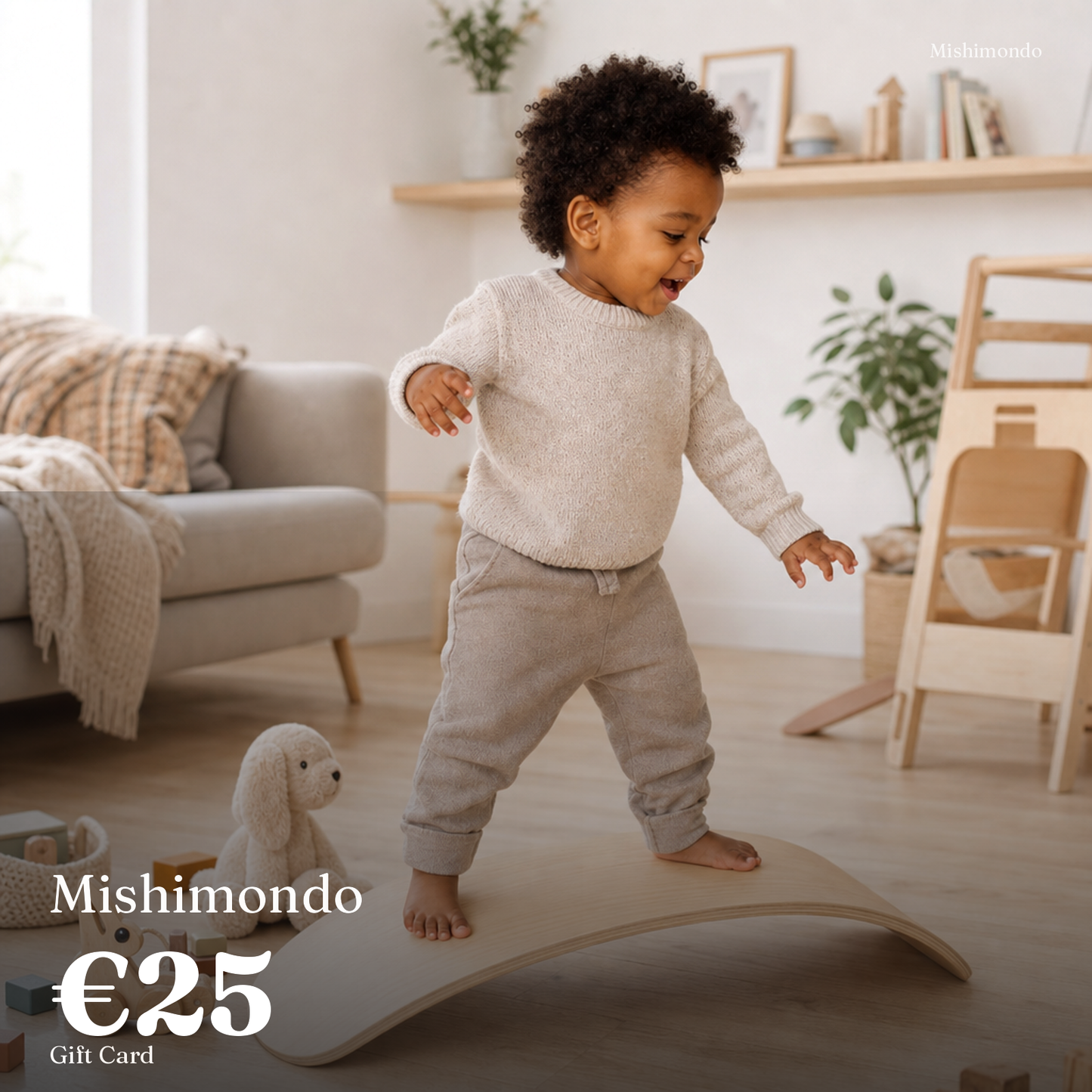 Mishimondo €25 gift card — child at play with wooden toys at home