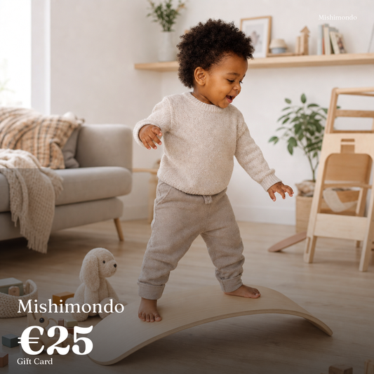 Mishimondo €25 gift card — child at play with wooden toys at home