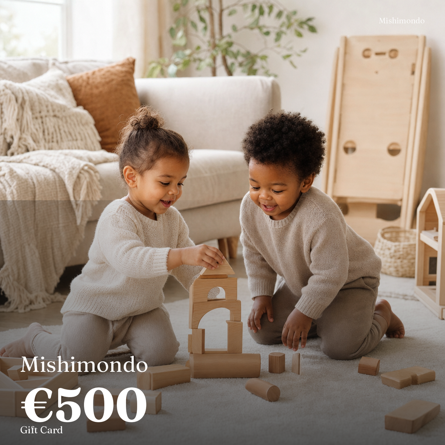 Mishimondo €500 gift card — children playing with wooden furniture at home