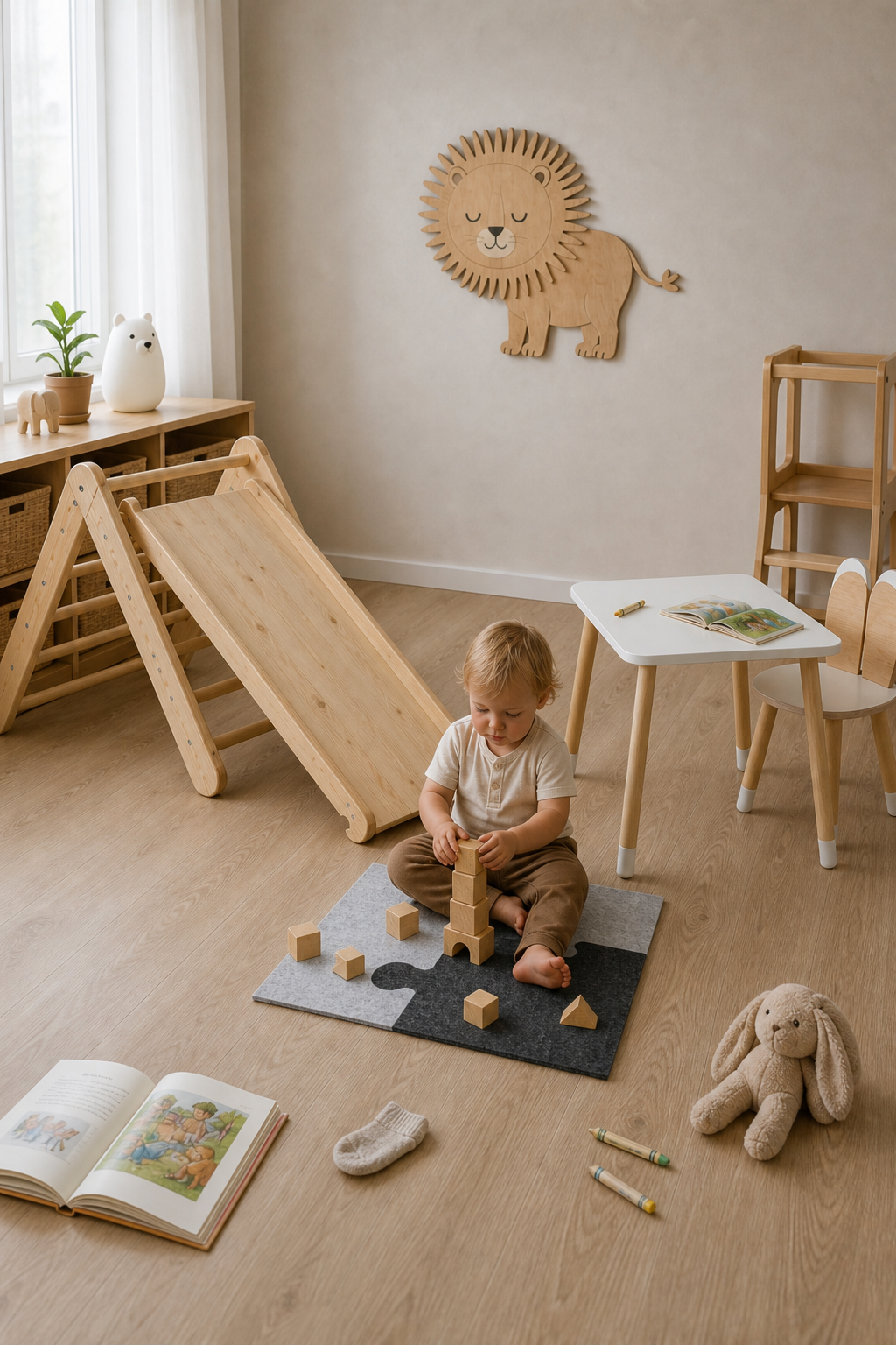 Toddler playing in a lived-in kids room with climbing triangle, 55cm puzzle playmat, bunny table